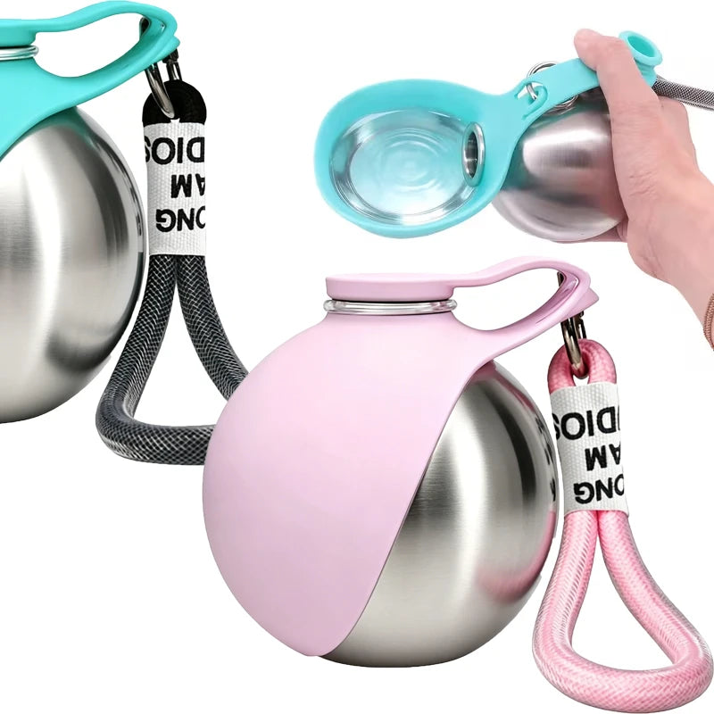 Stainless steel pet water bottle/plastic pet water bottle, outdoor preparation with pink and blue foldable bowls,