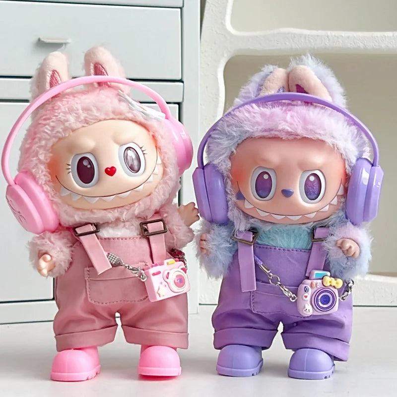 labubu clothes for 15-17cm Labubu clothing set includes headphones waist belt pants and accessories