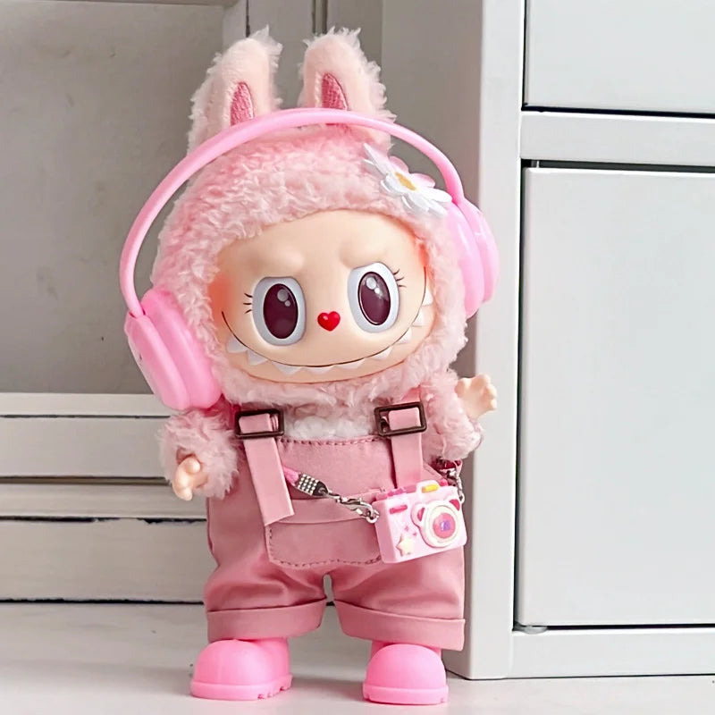 labubu clothes for 15-17cm Labubu clothing set includes headphones waist belt pants and accessories